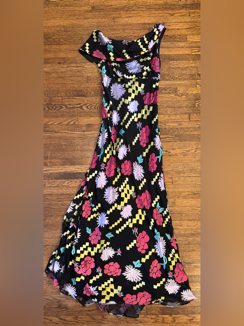 Nicole Miller Vintage Y2K Black Silk Velvet Pattern Maxi Dress Floral Small